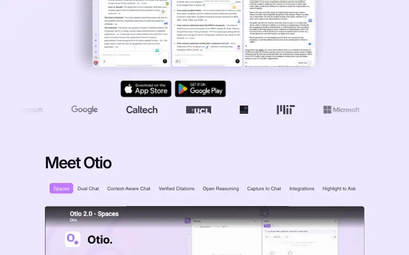 Screenshot of otio.ai, further down the homepage