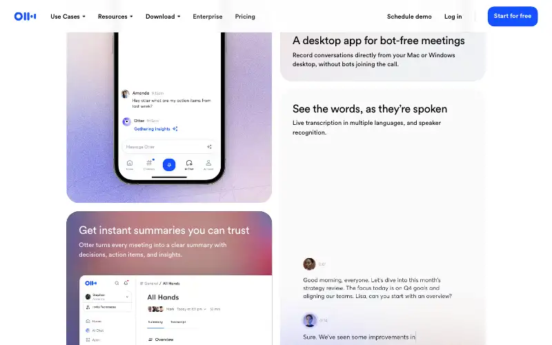 Screenshot of otter.ai, further down the homepage