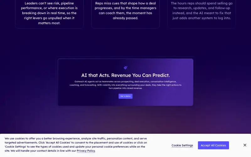 Screenshot of outreach.ai, further down the homepage