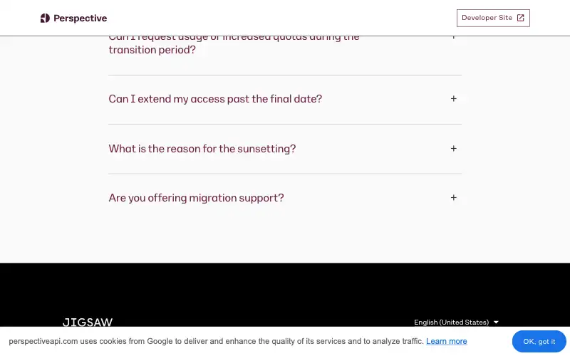 Screenshot of perspectiveapi.com, further down the homepage