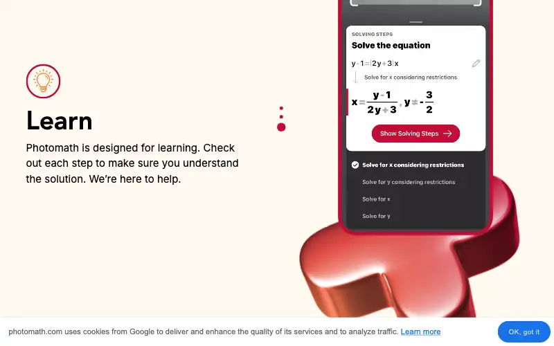 Screenshot of photomath.com, further down the homepage