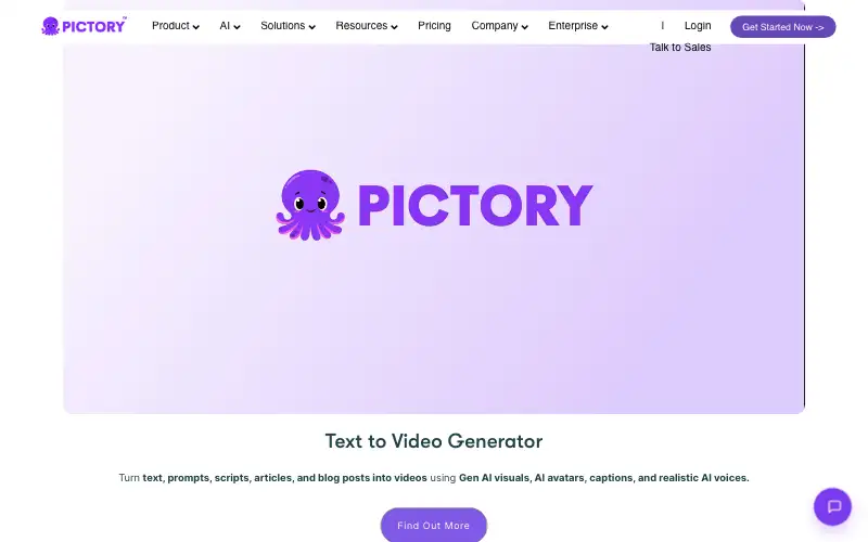 Screenshot of pictory.ai, further down the homepage