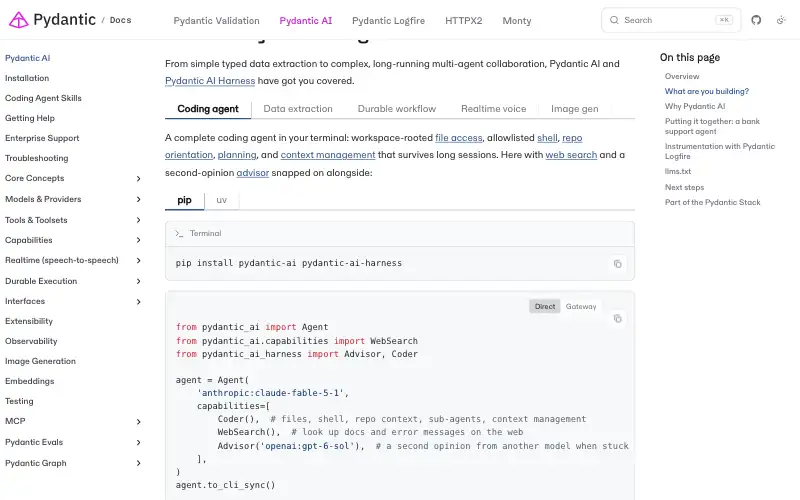 Screenshot of pydantic.dev, further down the homepage