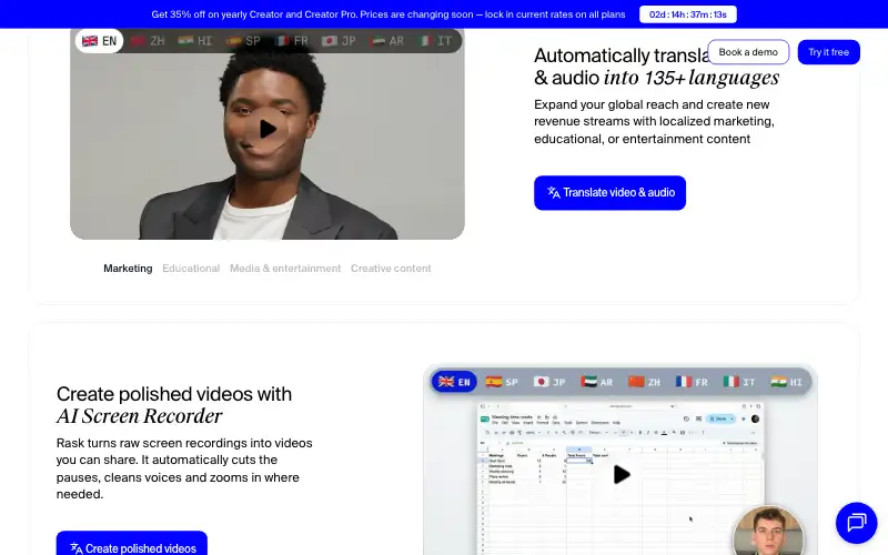 Screenshot of rask.ai, further down the homepage