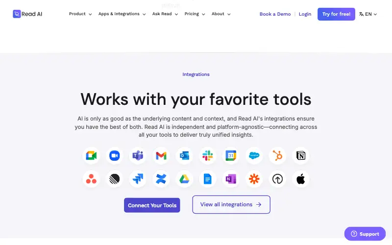 Screenshot of read.ai, further down the homepage