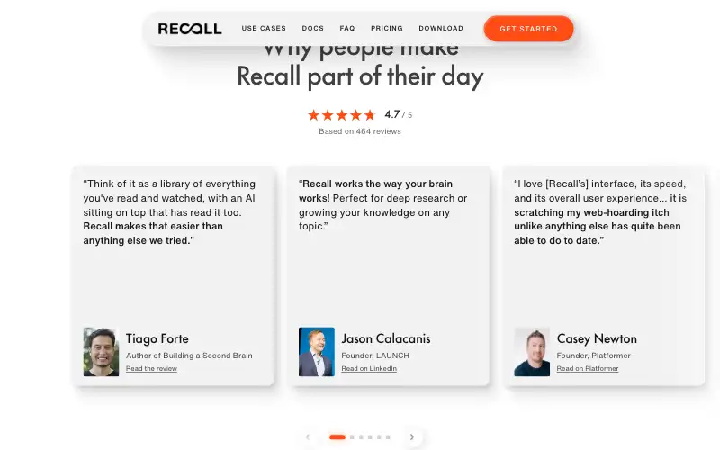 Screenshot of recall.it, further down the homepage