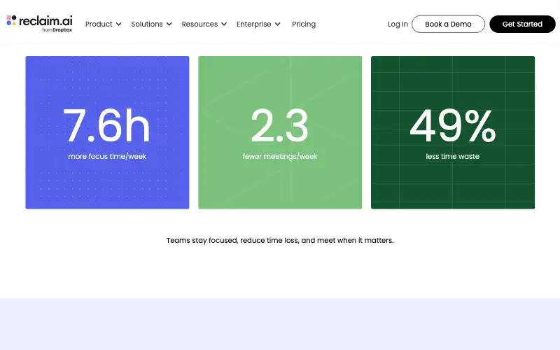 Screenshot of reclaim.ai, further down the homepage
