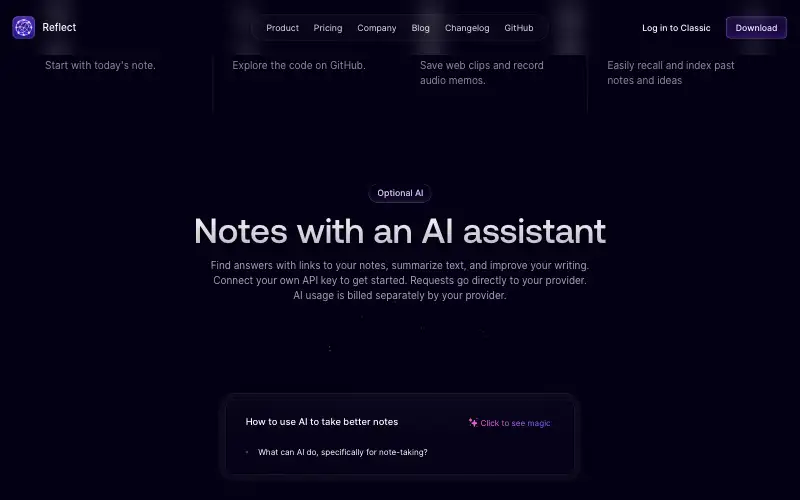 Screenshot of reflect.app, further down the homepage