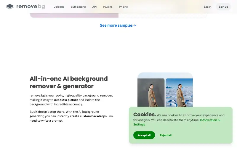 Screenshot of remove.bg, further down the homepage