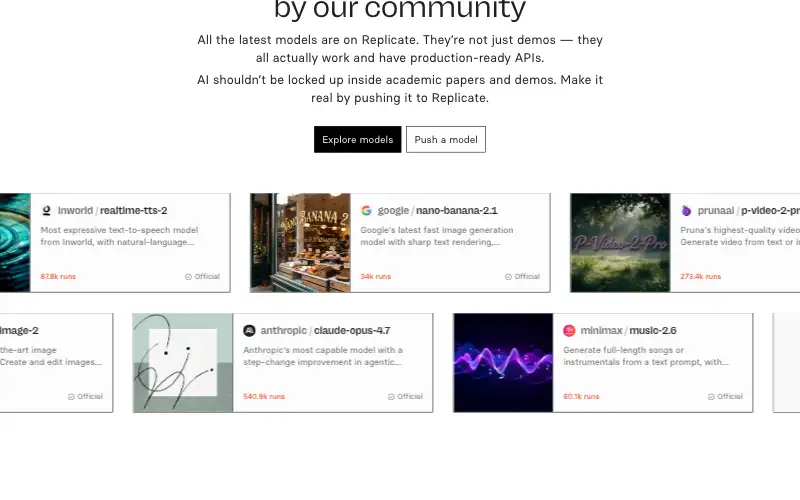 Screenshot of replicate.com, further down the homepage