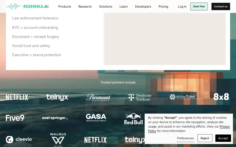 Screenshot of resemble.ai, further down the homepage