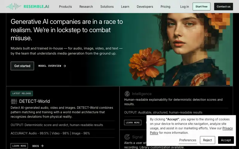 Screenshot of resemble.ai, further down the homepage