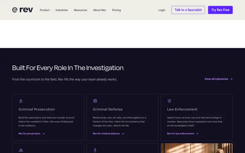 Screenshot of rev.com, further down the homepage
