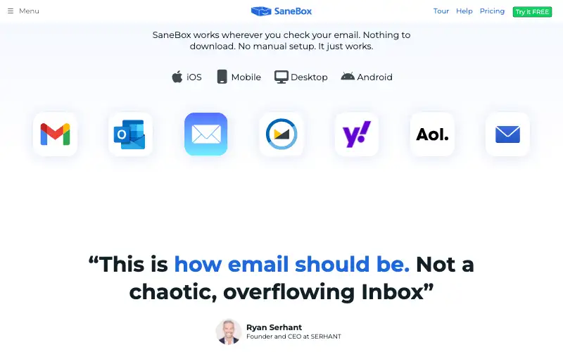 Screenshot of sanebox.com, further down the homepage