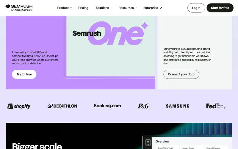 Screenshot of semrush.com, further down the homepage