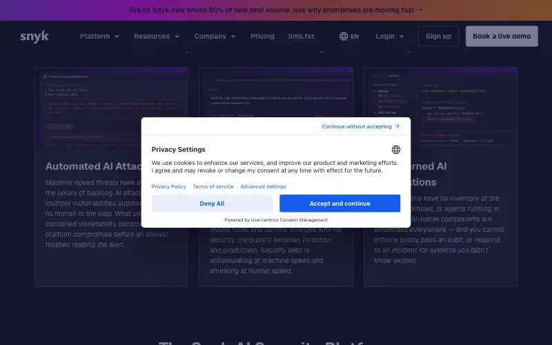 Screenshot of snyk.io, further down the homepage