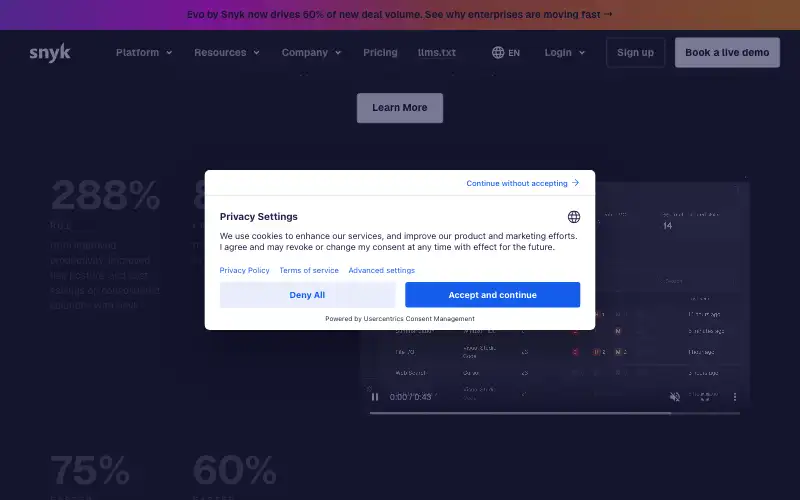 Screenshot of snyk.io, further down the homepage