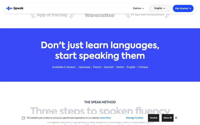 Screenshot of speak.com, further down the homepage