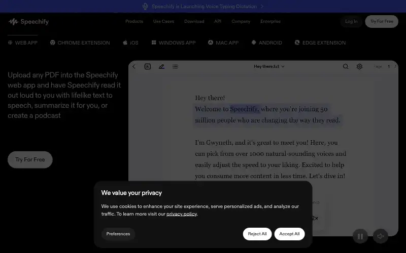 Screenshot of speechify.com, further down the homepage