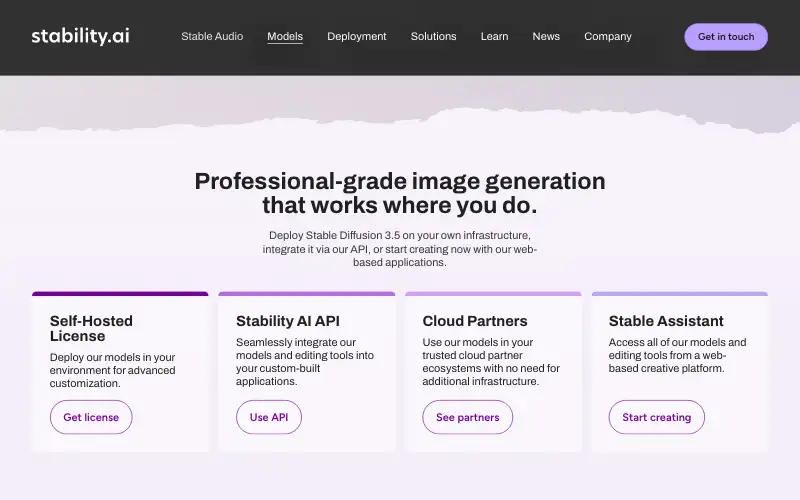 Screenshot of stability.ai, further down the homepage