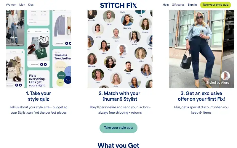 Screenshot of stitchfix.com, further down the homepage