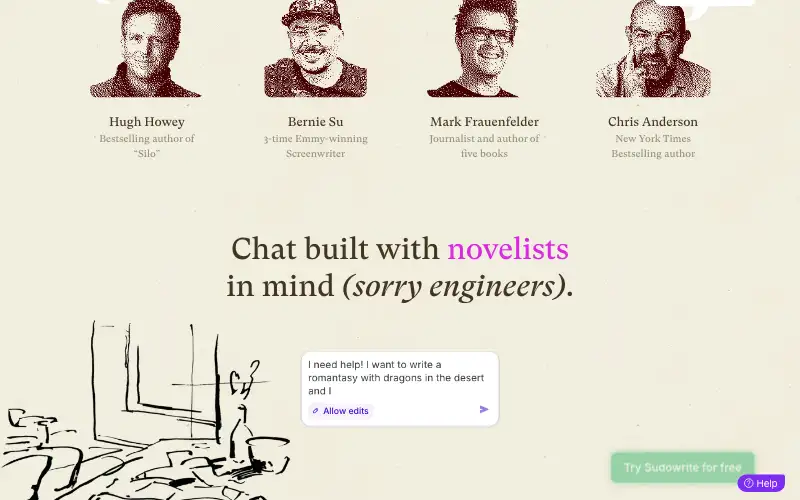 Screenshot of sudowrite.com, further down the homepage