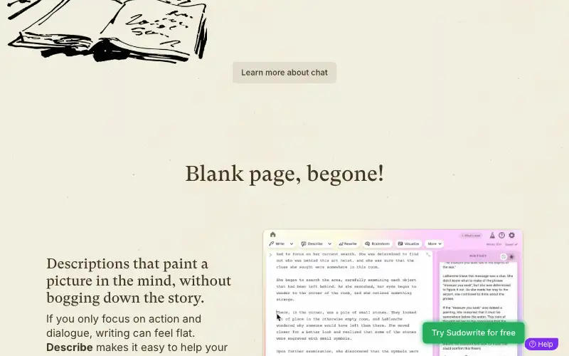 Screenshot of sudowrite.com, further down the homepage