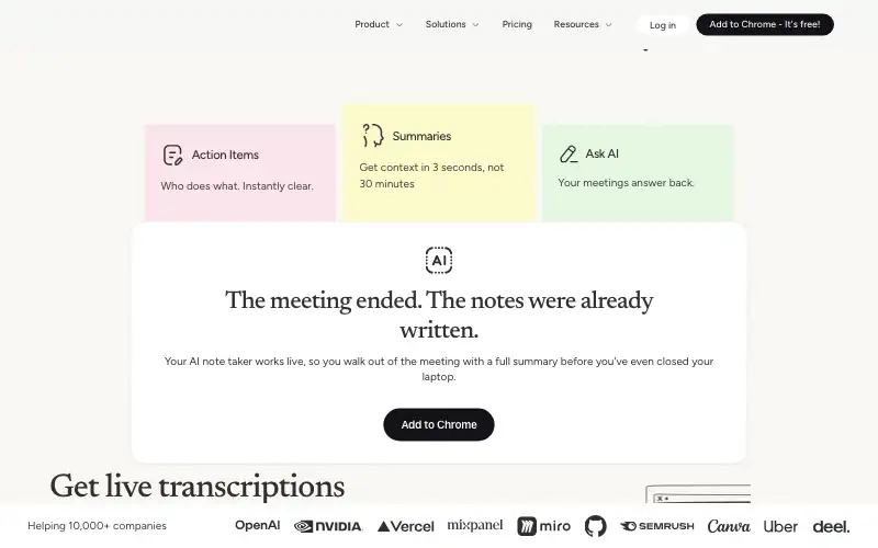 Screenshot of tactiq.io, further down the homepage
