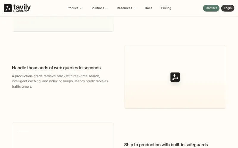 Screenshot of tavily.com, further down the homepage
