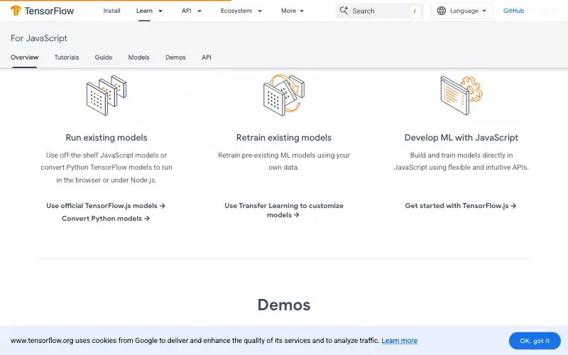 Screenshot of tensorflow.org, further down the homepage