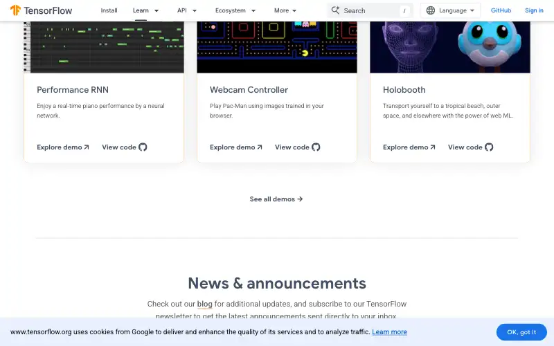 Screenshot of tensorflow.org, further down the homepage