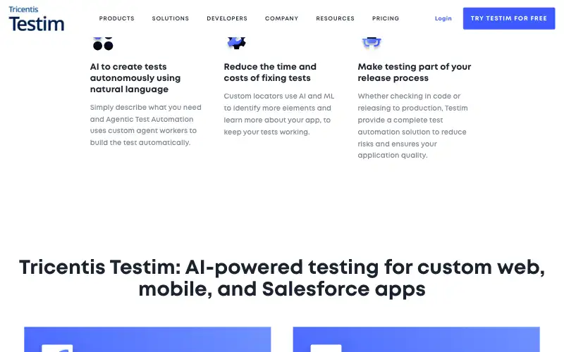 Screenshot of testim.io, further down the homepage