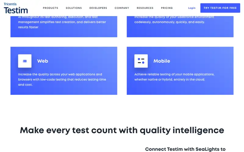 Screenshot of testim.io, further down the homepage