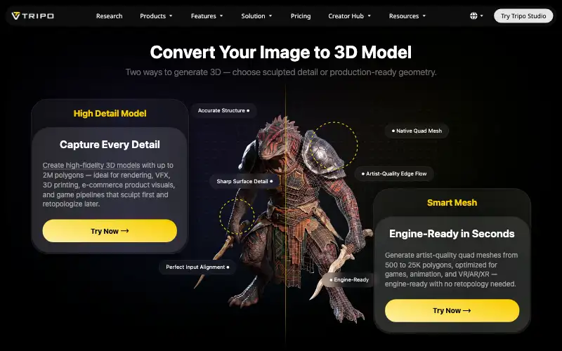 Screenshot of tripo3d.ai, further down the homepage