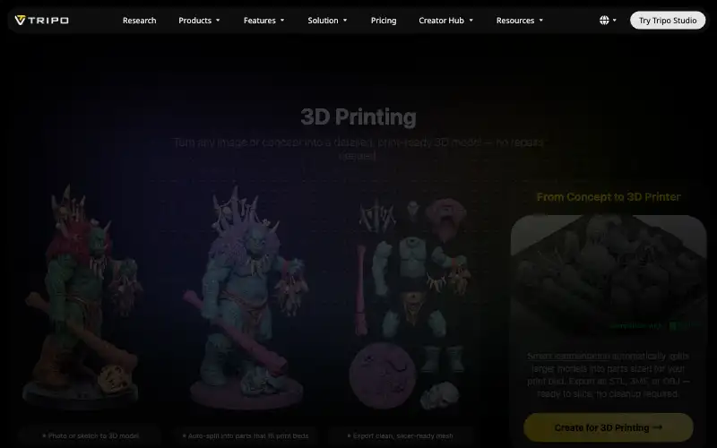 Screenshot of tripo3d.ai, further down the homepage