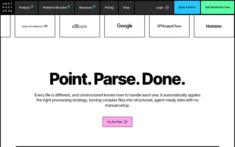 Screenshot of unstructured.io, further down the homepage