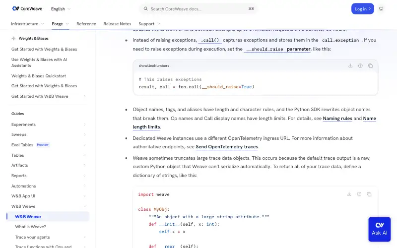 Screenshot of docs.coreweave.com, further down the homepage