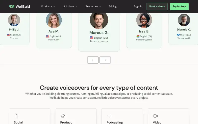 Screenshot of wellsaid.io, further down the homepage