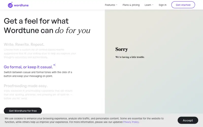 Screenshot of wordtune.com, further down the homepage