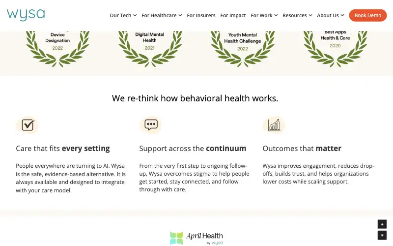 Screenshot of wysa.com, further down the homepage