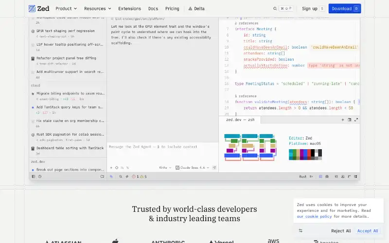Screenshot of zed.dev, further down the homepage