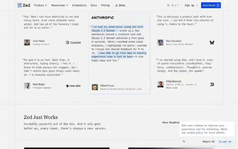 Screenshot of zed.dev, further down the homepage