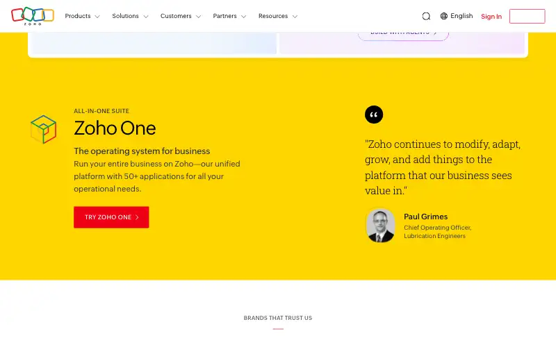 Screenshot of zoho.com, further down the homepage