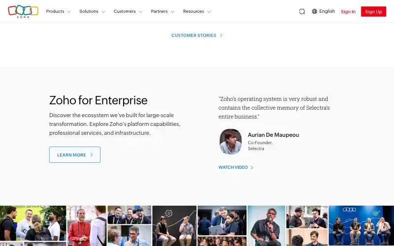 Screenshot of zoho.com, further down the homepage